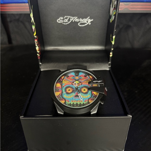 Ed Hardy | Accessories | Ed Hardy Black Watch With Vibrant Skull Dial ...